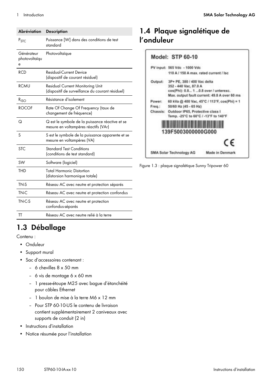 3 déballage, 4 plaque signalétique de l’onduleur, 3 déballage 1.4 plaque signalétique de l’onduleur | SMA STP 60-US-10 Installation User Manual | Page 150 / 232