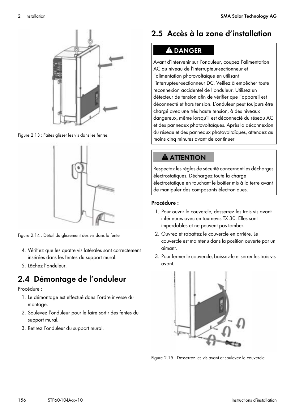 4 démontage de l’onduleur, 5 accès à la zone d’installation | SMA STP 60-US-10 Installation User Manual | Page 156 / 232