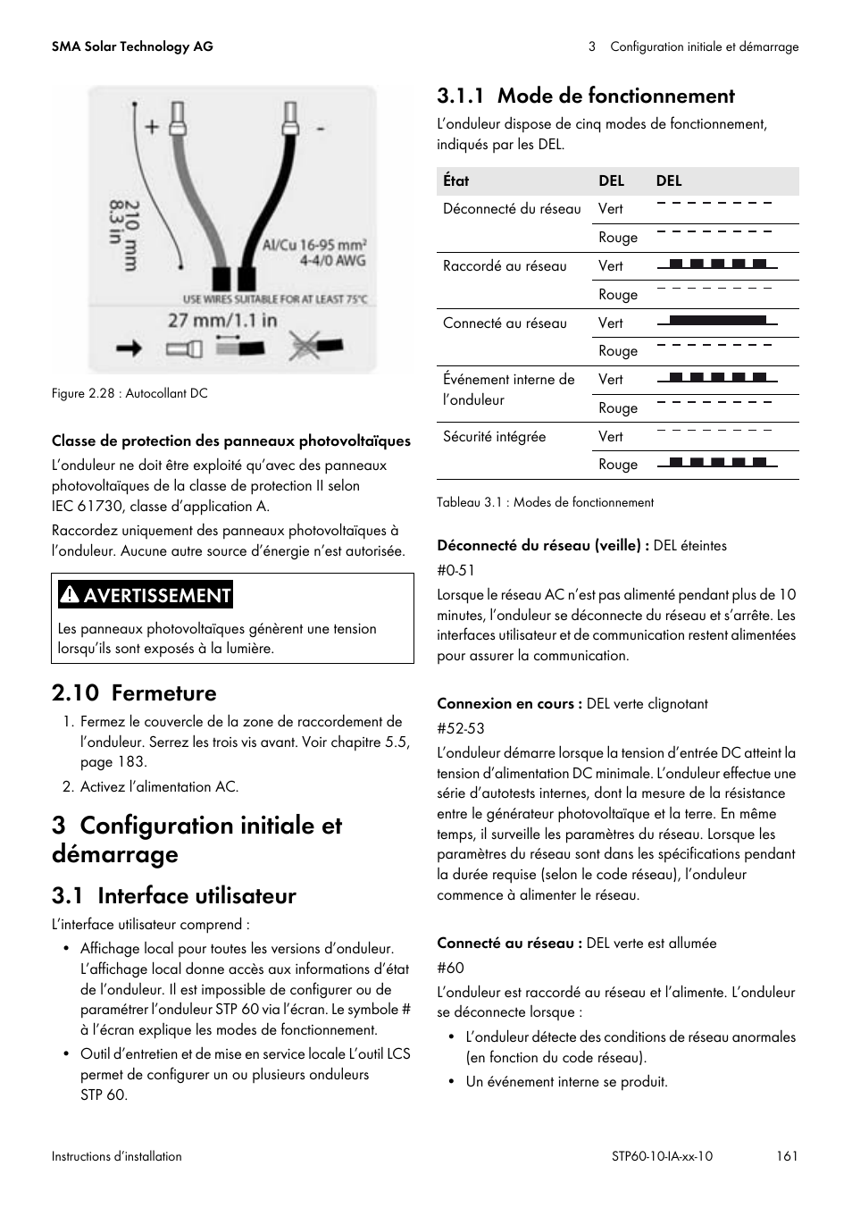 10 fermeture, 3 configuration initiale et démarrage, 1 interface utilisateur | 1 mode de fonctionnement | SMA STP 60-US-10 Installation User Manual | Page 161 / 232