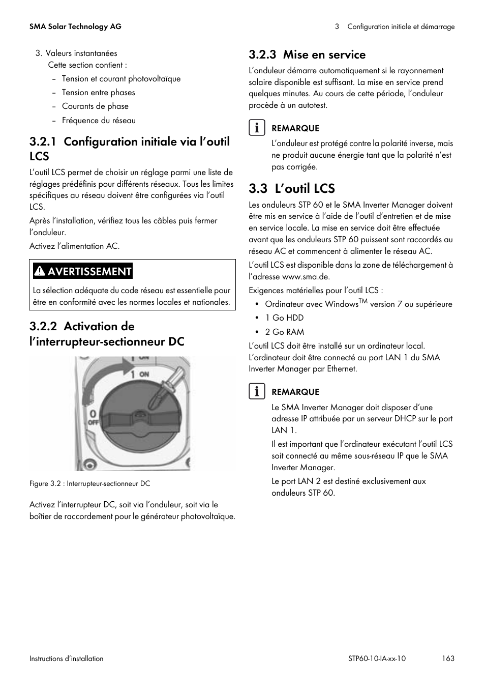 1 configuration initiale via l’outil lcs, 2 activation de l’interrupteur-sectionneur dc, 3 mise en service | 3 l’outil lcs | SMA STP 60-US-10 Installation User Manual | Page 163 / 232