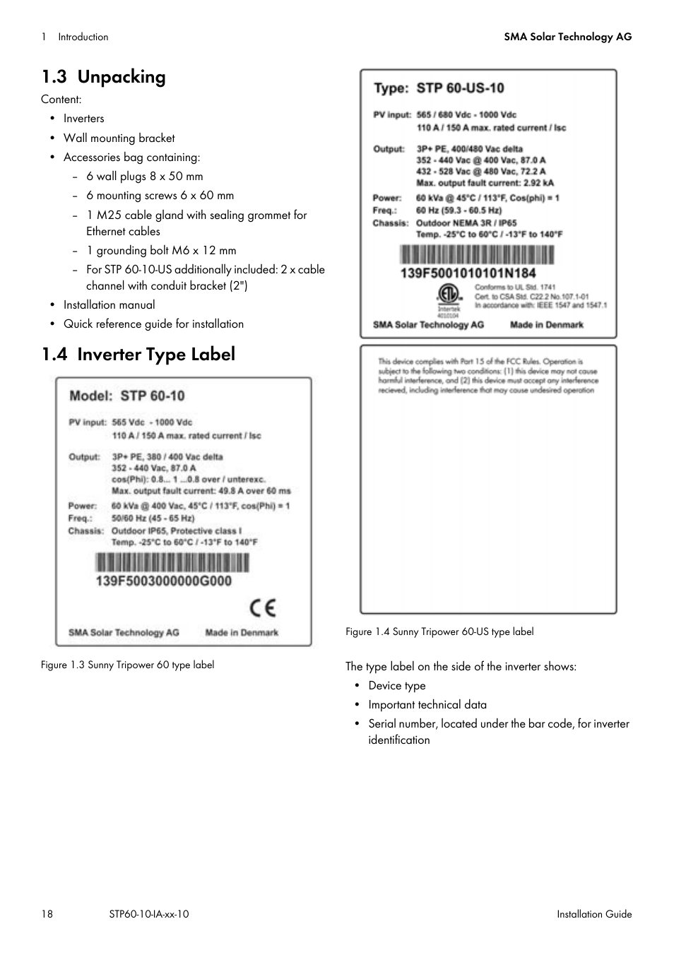 3 unpacking, 4 inverter type label, 3 unpacking 1.4 inverter type label | SMA STP 60-US-10 Installation User Manual | Page 18 / 232