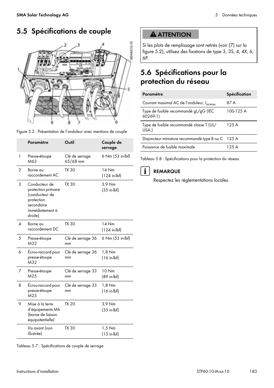 5 spécifications de couple, 6 spécifications pour la protection du réseau | SMA STP 60-US-10 Installation User Manual | Page 183 / 232