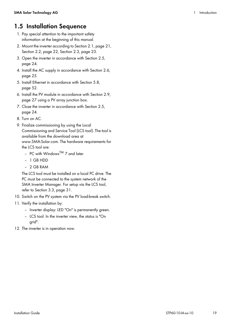 5 installation sequence | SMA STP 60-US-10 Installation User Manual | Page 19 / 232