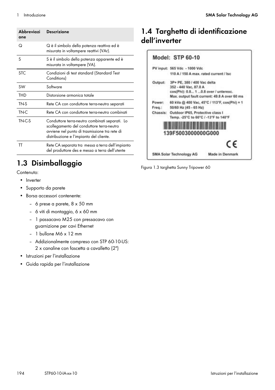 3 disimballaggio, 4 targhetta di identificazione dell’inverter | SMA STP 60-US-10 Installation User Manual | Page 194 / 232