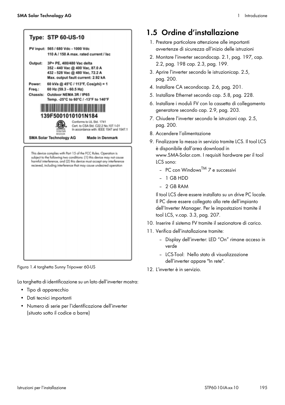 5 ordine d’installazione | SMA STP 60-US-10 Installation User Manual | Page 195 / 232