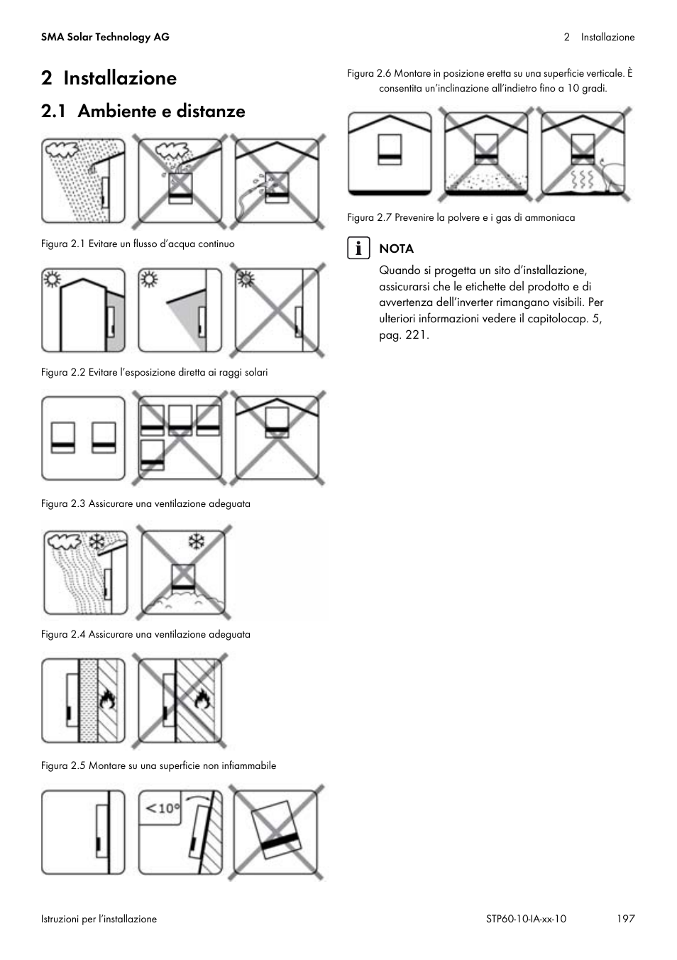 2 installazione, 1 ambiente e distanze, Cap. 2.1, pag. 197 | SMA STP 60-US-10 Installation User Manual | Page 197 / 232