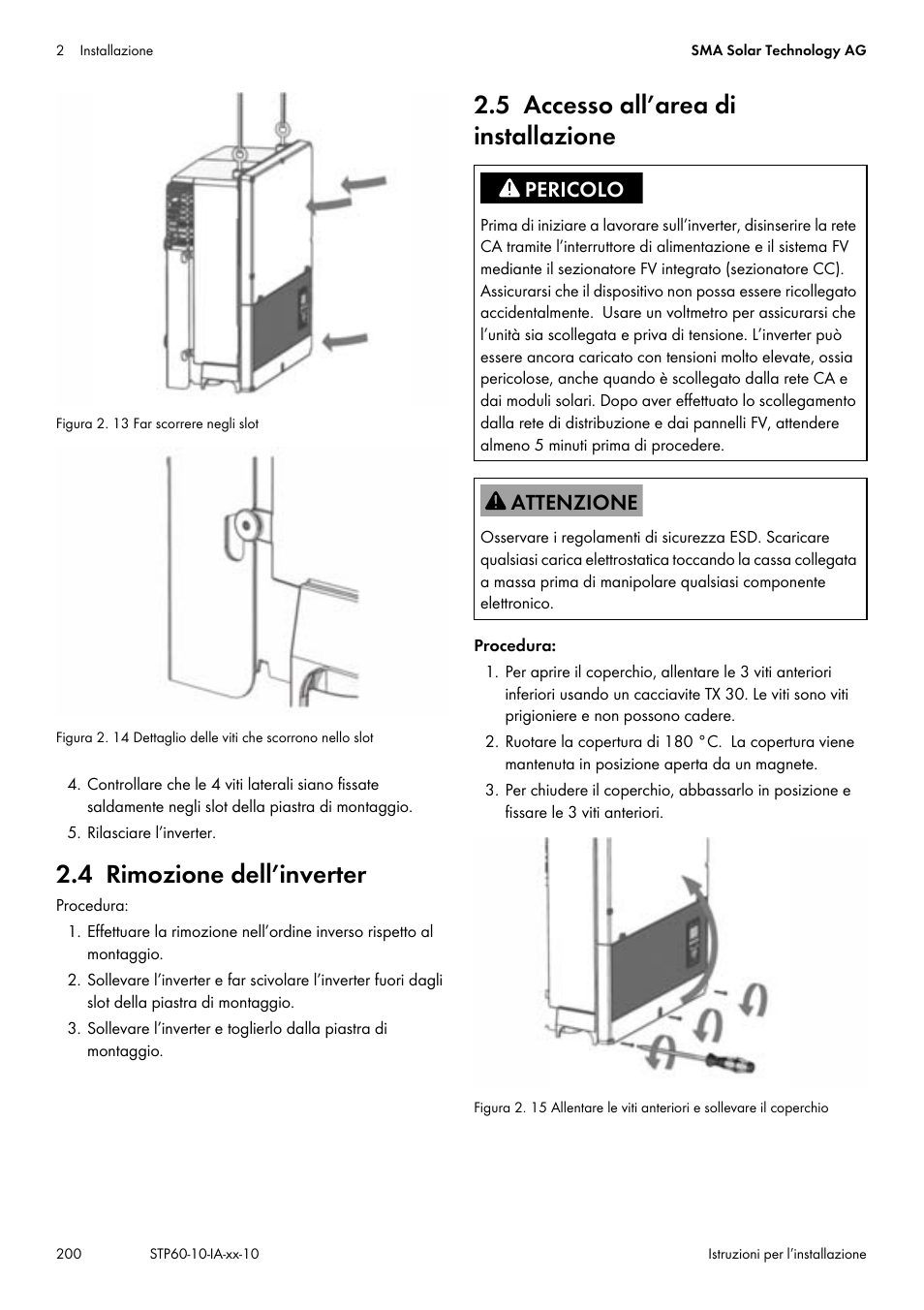 4 rimozione dell’inverter, 5 accesso all’area di installazione, Icap. 2.5 | Pag. 200, Cap. 2.5 | SMA STP 60-US-10 Installation User Manual | Page 200 / 232