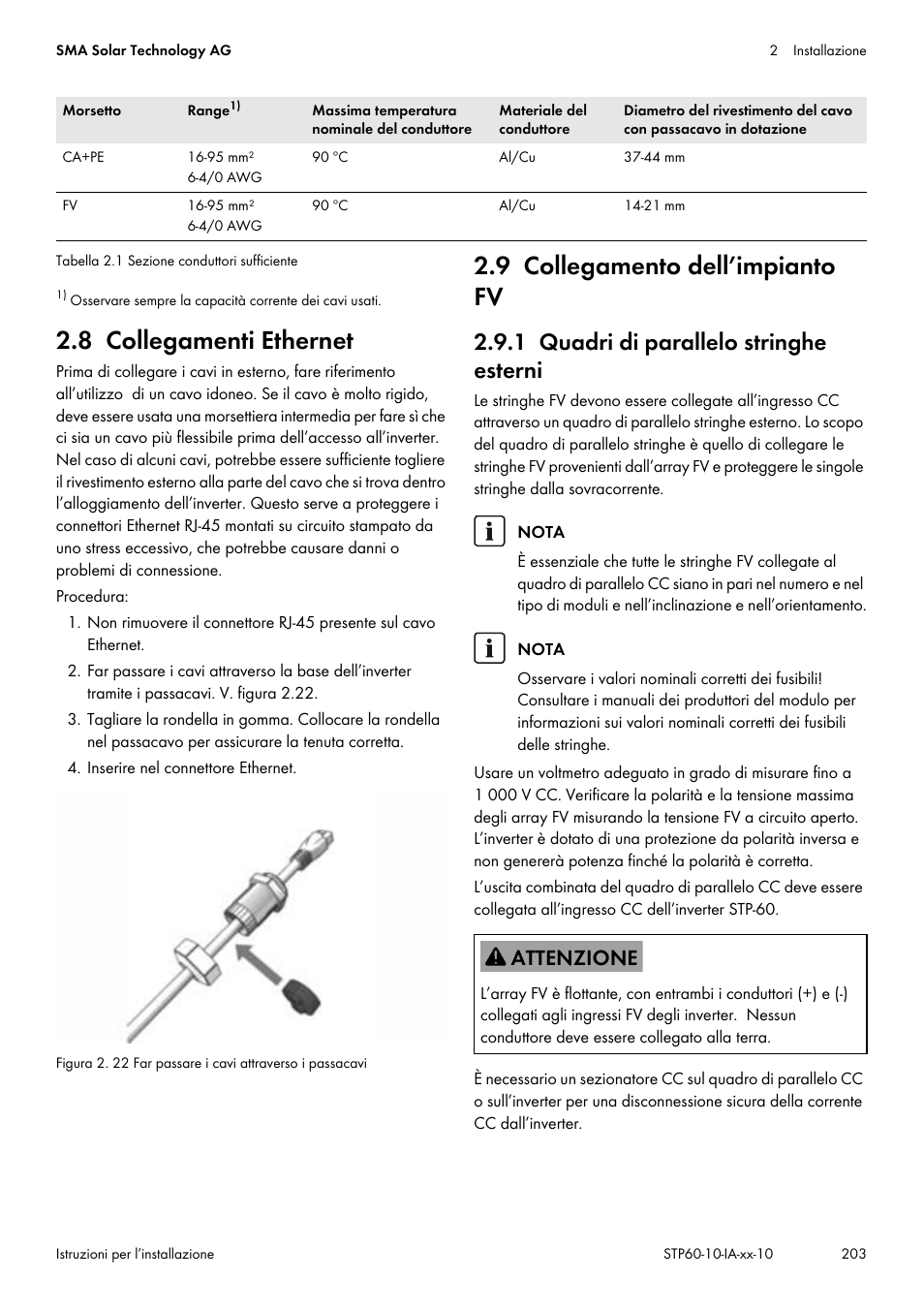 8 collegamenti ethernet, 9 collegamento dell’impianto fv, 1 quadri di parallelo stringhe esterni | Ondo cap. 2.9, pag. 203 | SMA STP 60-US-10 Installation User Manual | Page 203 / 232