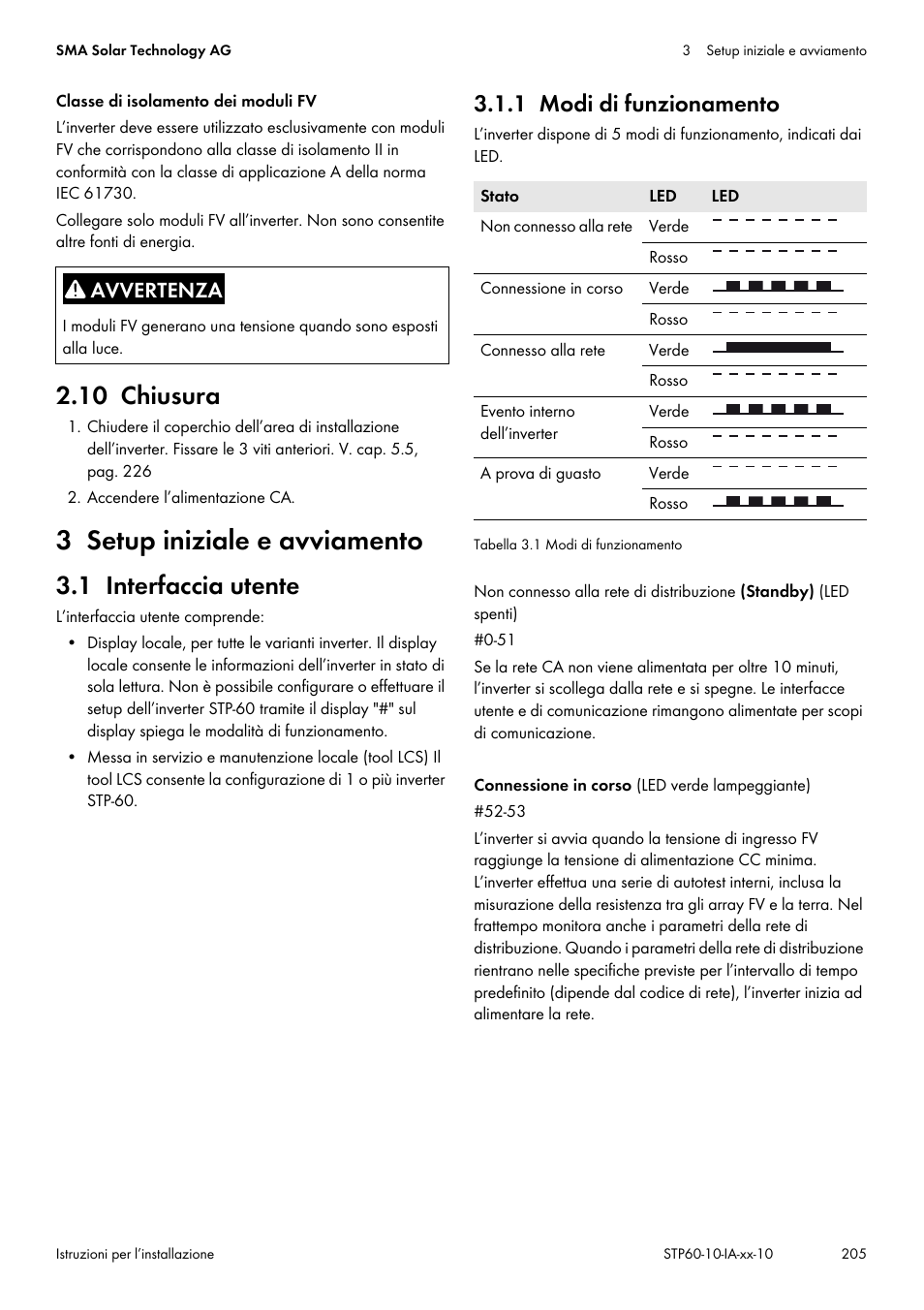 10 chiusura, 3 setup iniziale e avviamento, 1 interfaccia utente | 1 modi di funzionamento | SMA STP 60-US-10 Installation User Manual | Page 205 / 232