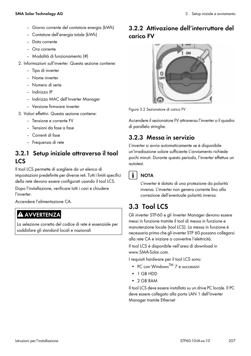 1 setup iniziale attraverso il tool lcs, 2 attivazione dell’interruttore del carico fv, 3 messa in servizio | 3 tool lcs, Cap. 3.2.2, pag. 207, V.cap. 3.3, pag. 207 | SMA STP 60-US-10 Installation User Manual | Page 207 / 232