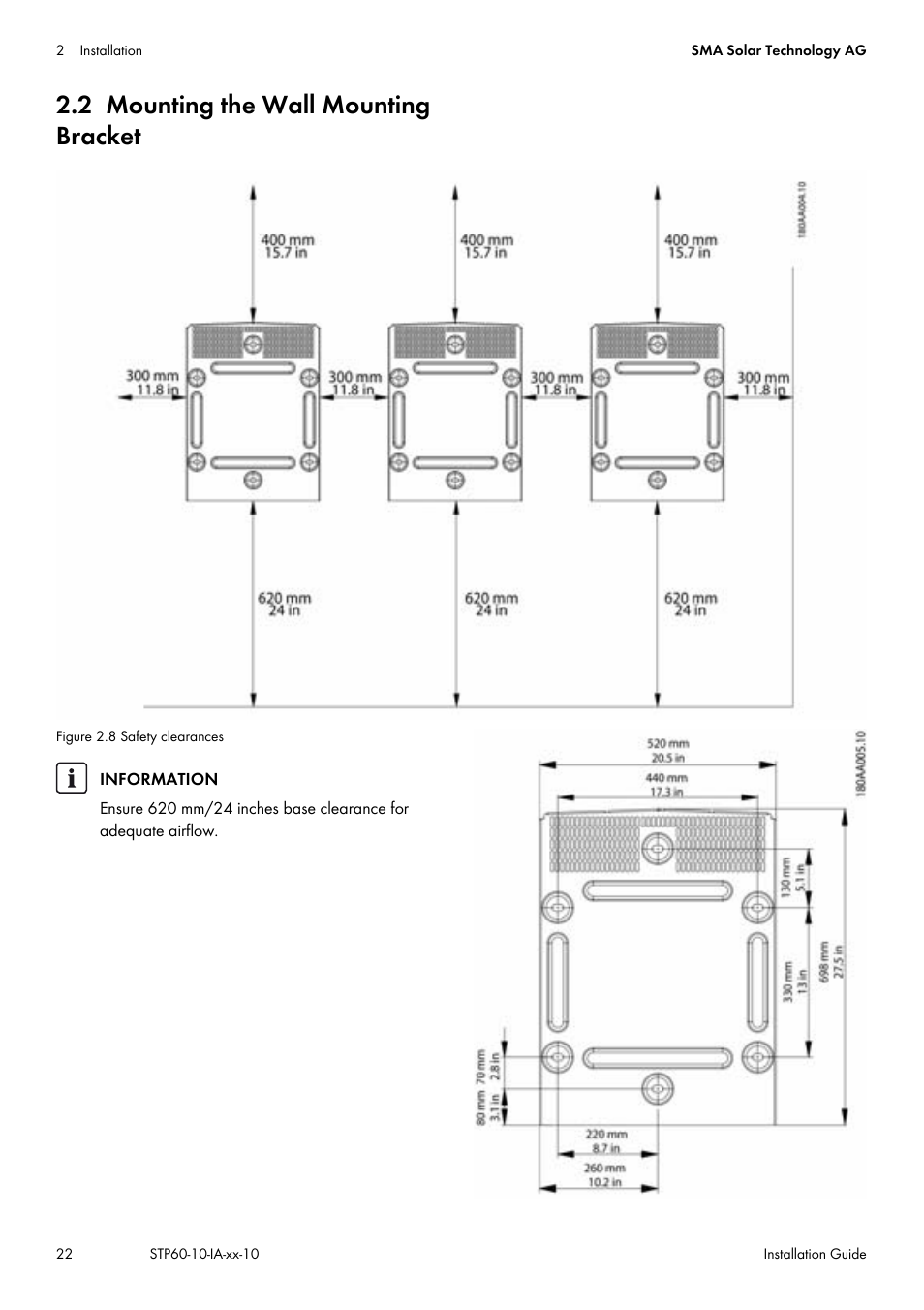 2 mounting the wall mounting bracket | SMA STP 60-US-10 Installation User Manual | Page 22 / 232