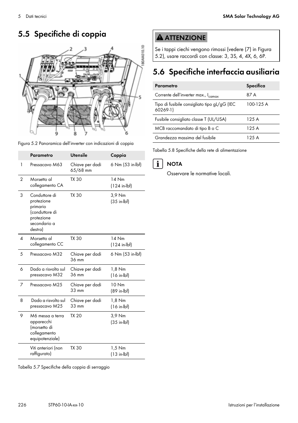 5 specifiche di coppia, 6 specifiche interfaccia ausiliaria, V. cap. 5.5, pag. 226 | SMA STP 60-US-10 Installation User Manual | Page 226 / 232
