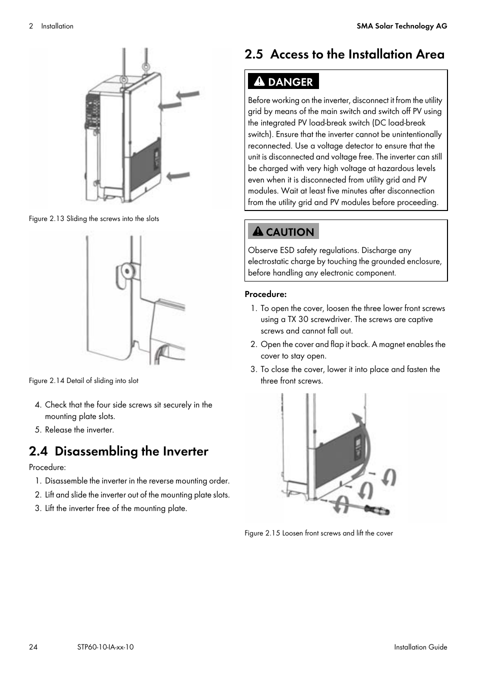 4 disassembling the inverter, 5 access to the installation area, Section 2.5 | SMA STP 60-US-10 Installation User Manual | Page 24 / 232