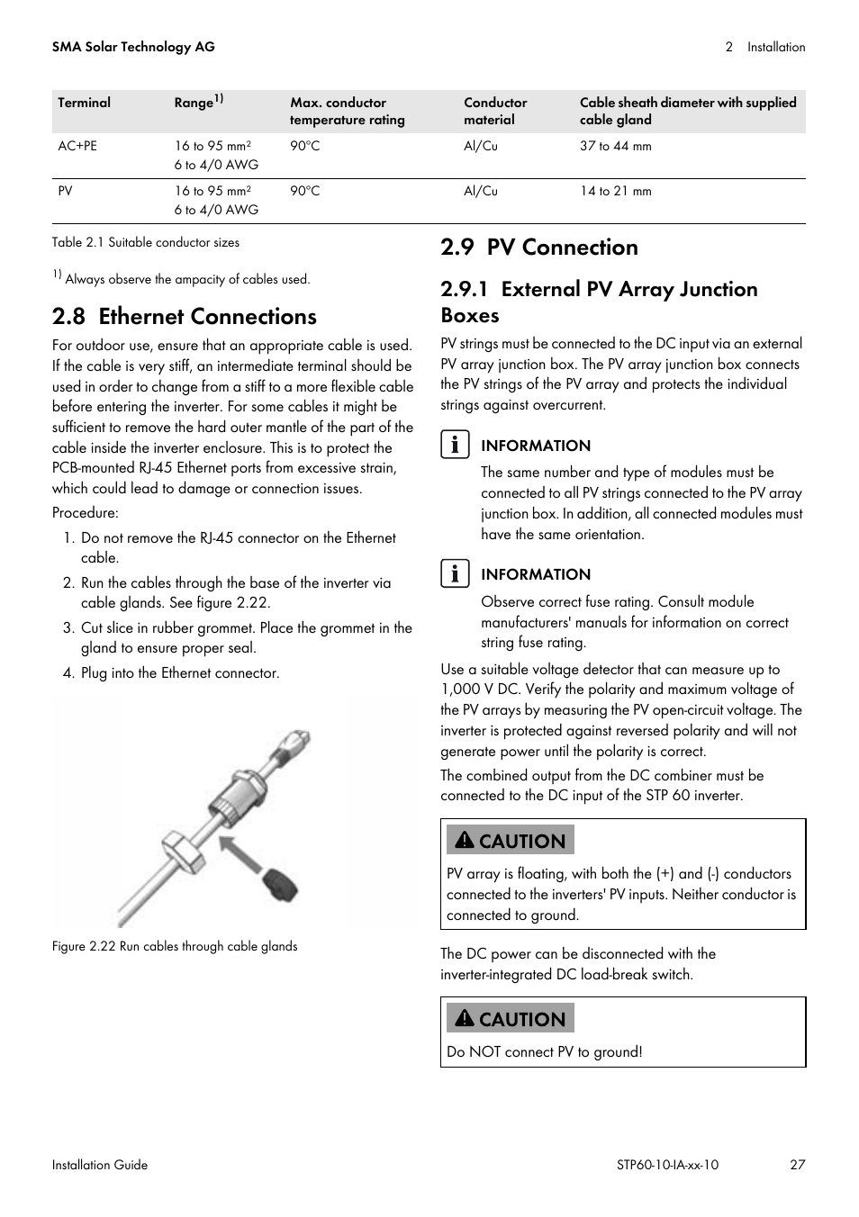 8 ethernet connections, 9 pv connection, 1 external pv array junction boxes | 8 ethernet connections 2.9 pv connection, Section 2.9 | SMA STP 60-US-10 Installation User Manual | Page 27 / 232