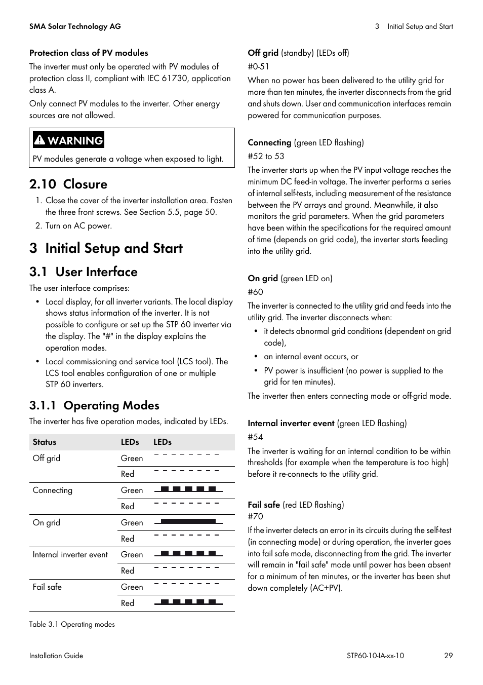 10 closure, 3 initial setup and start, 1 user interface | 1 operating modes | SMA STP 60-US-10 Installation User Manual | Page 29 / 232