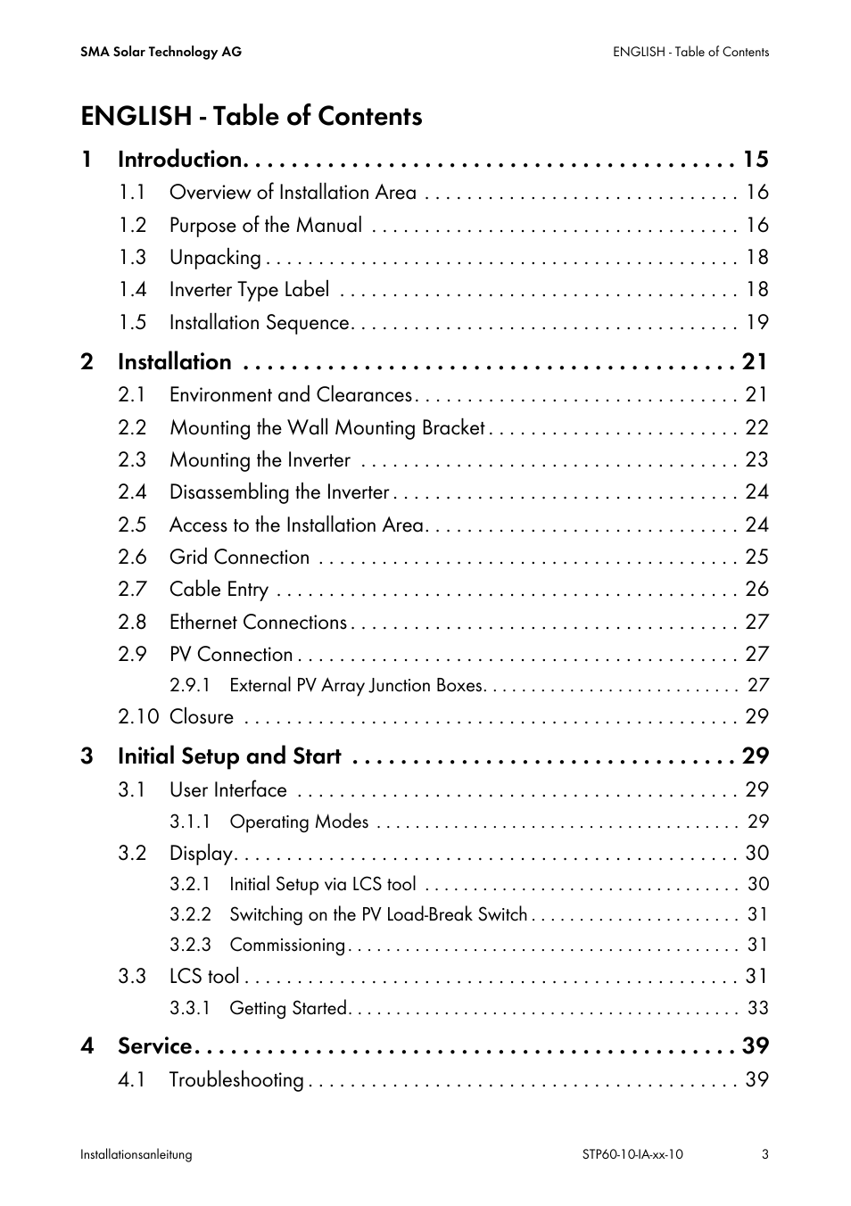 English - table of contents, 1 introduction, 2 installation | 3 initial setup and start, 4 service | SMA STP 60-US-10 Installation User Manual | Page 3 / 232