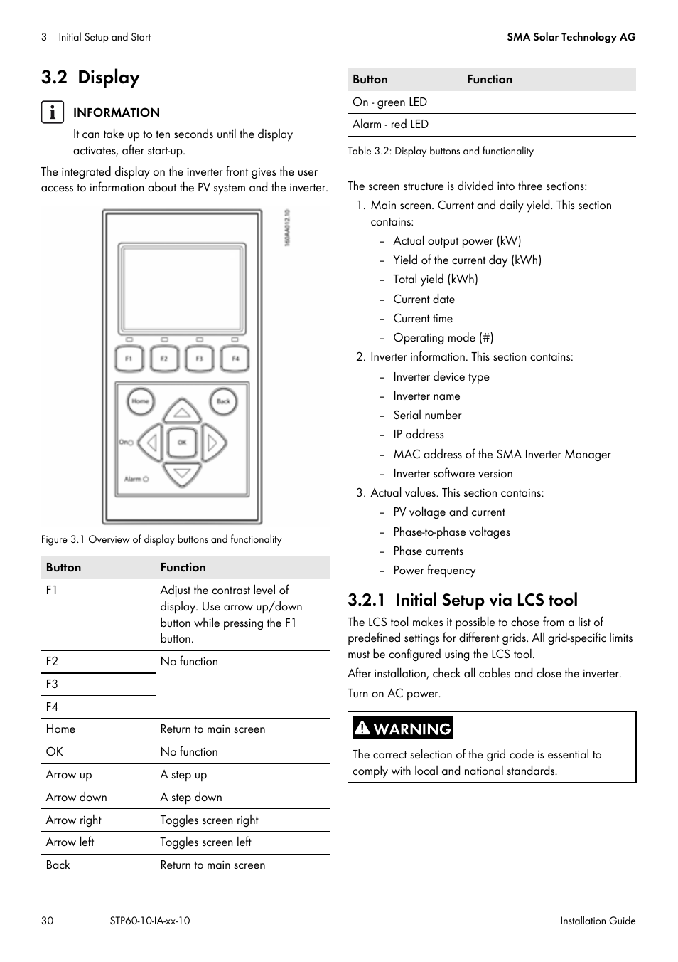 2 display, 1 initial setup via lcs tool | SMA STP 60-US-10 Installation User Manual | Page 30 / 232