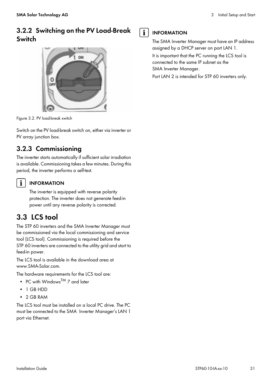 2 switching on the pv load-break switch, 3 commissioning, 3 lcs tool | SMA STP 60-US-10 Installation User Manual | Page 31 / 232