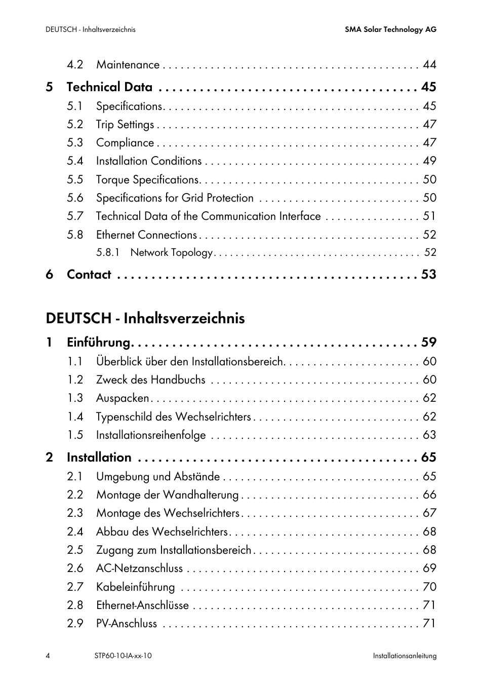 Deutsch - inhaltsverzeichnis, 5 technical data, 6 contact | 1 einführung, 2 installation | SMA STP 60-US-10 Installation User Manual | Page 4 / 232