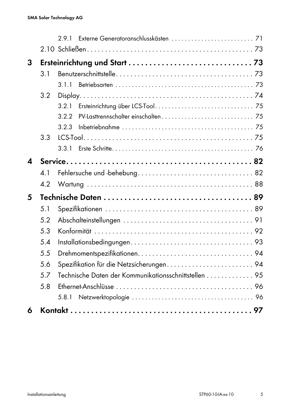 3 ersteinrichtung und start, 4 service, 5 technische daten | 6 kontakt | SMA STP 60-US-10 Installation User Manual | Page 5 / 232