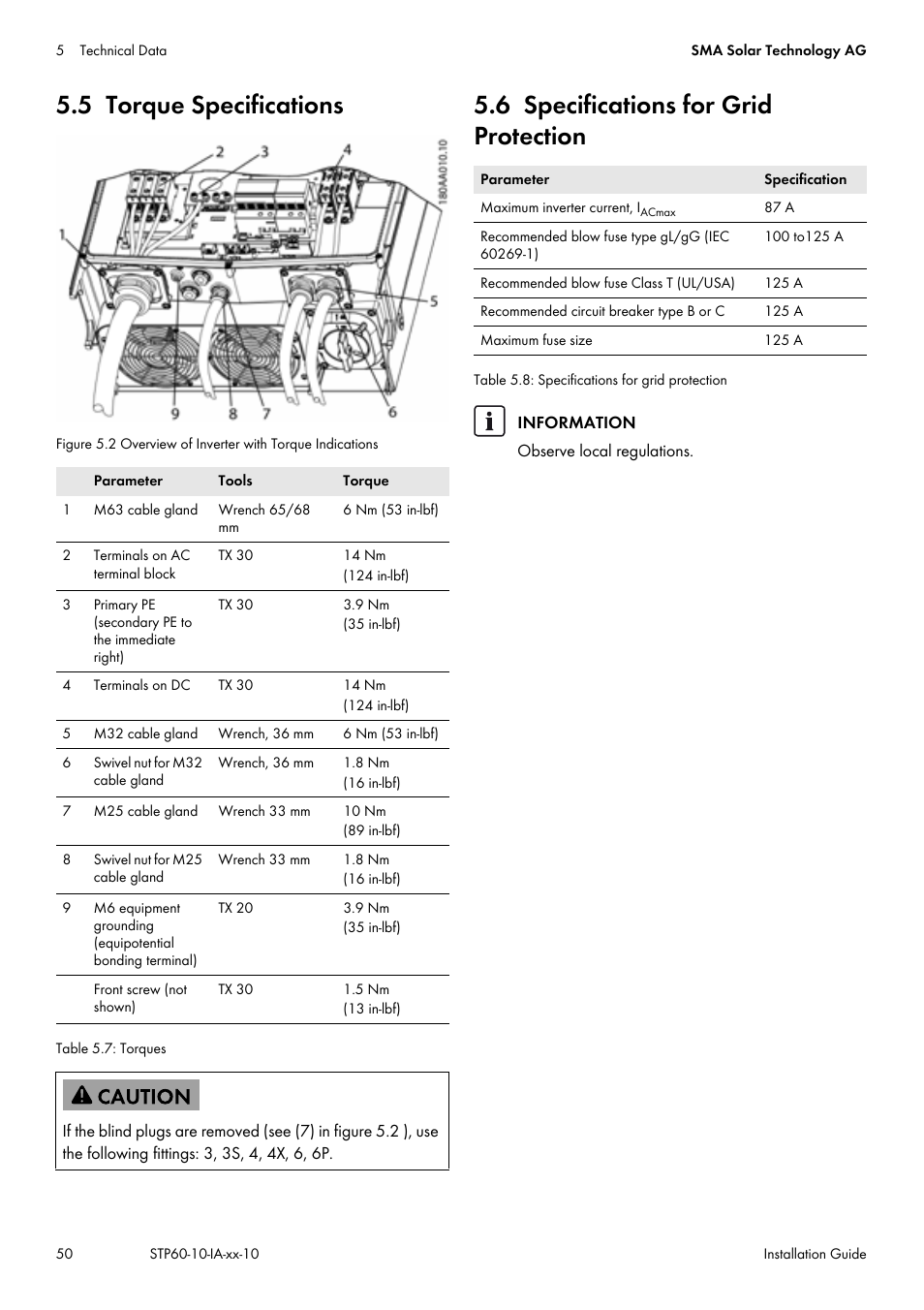 5 torque specifications, 6 specifications for grid protection | SMA STP 60-US-10 Installation User Manual | Page 50 / 232
