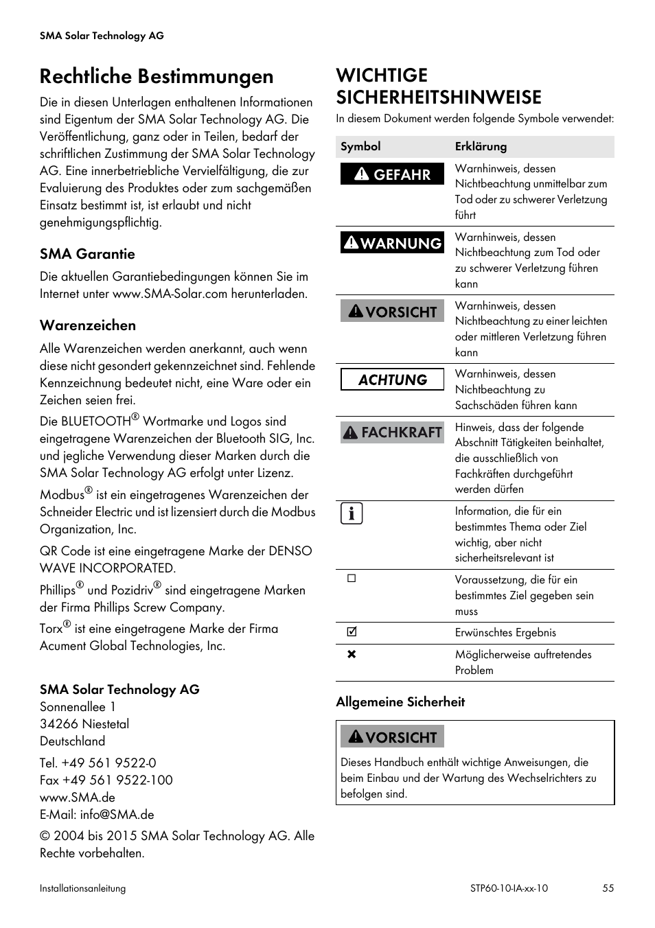 Rechtliche bestimmungen, Wichtige sicherheitshinweise | SMA STP 60-US-10 Installation User Manual | Page 55 / 232