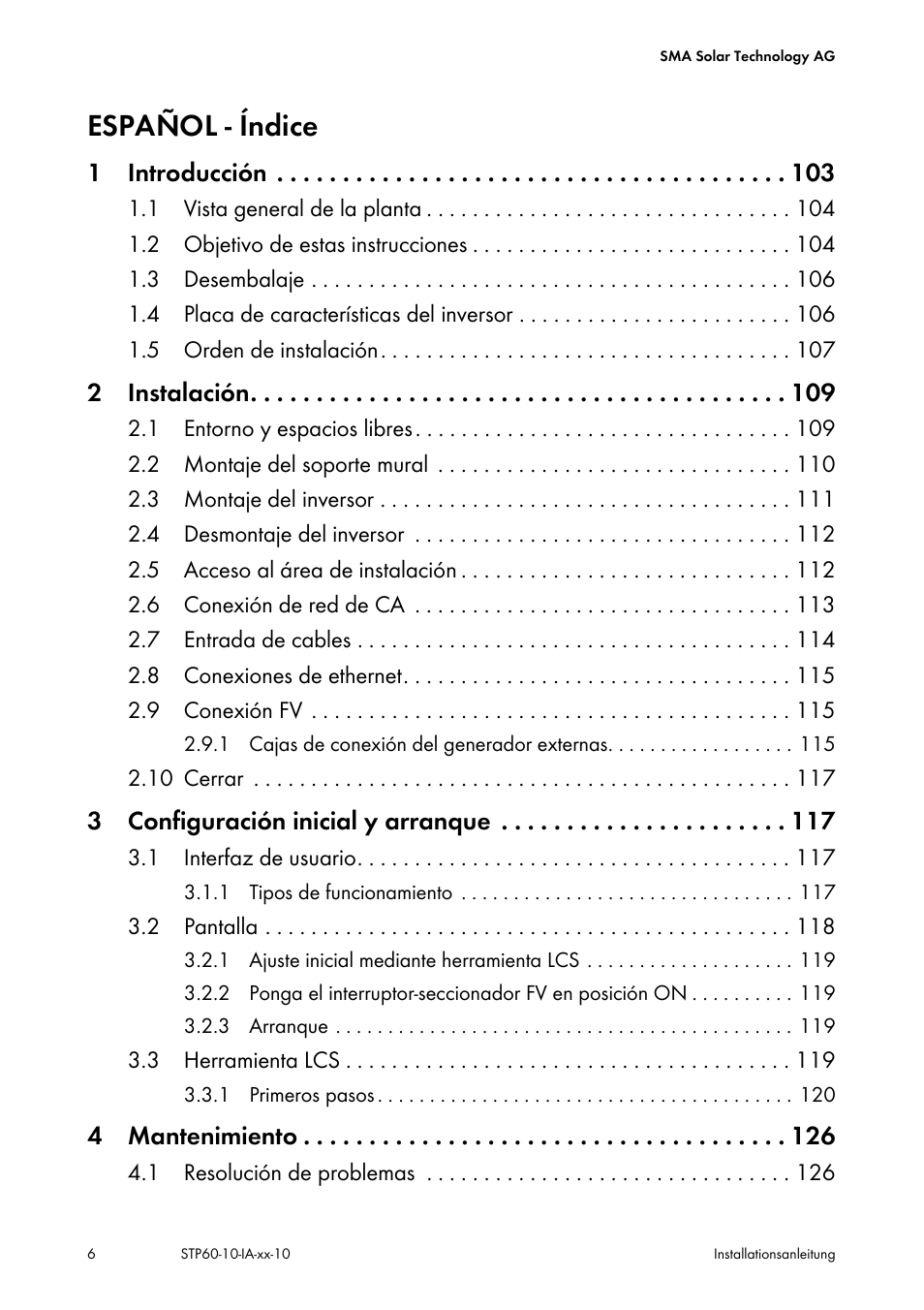 Español - índice, 1 introducción, 2 instalación | 3 configuración inicial y arranque, 4 mantenimiento | SMA STP 60-US-10 Installation User Manual | Page 6 / 232