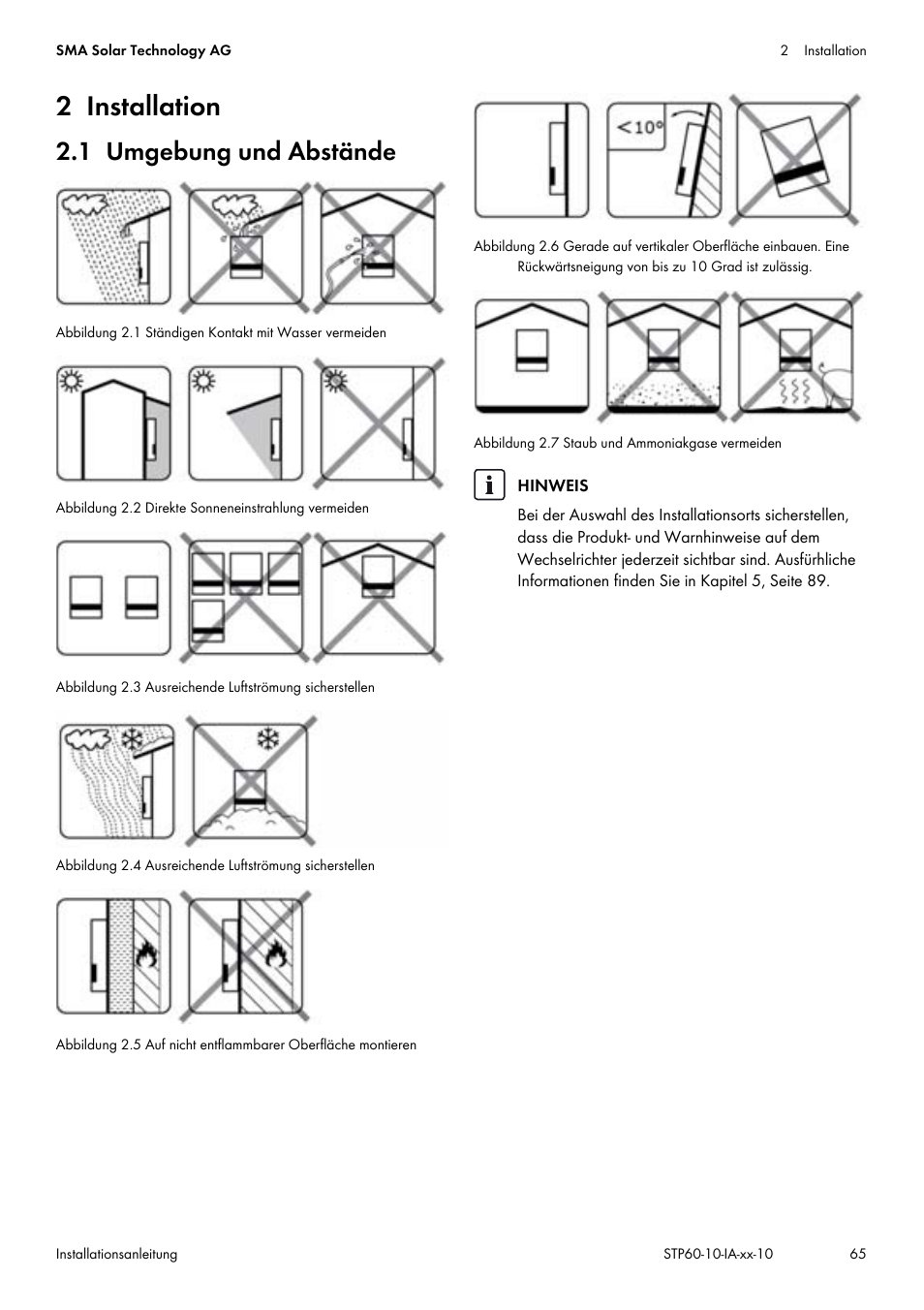 2 installation, 1 umgebung und abstände, Kapitel 2.1, seite 65 | SMA STP 60-US-10 Installation User Manual | Page 65 / 232