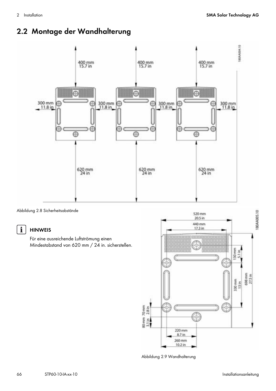 2 montage der wandhalterung, Kapitel 2.2, seite 66 | SMA STP 60-US-10 Installation User Manual | Page 66 / 232