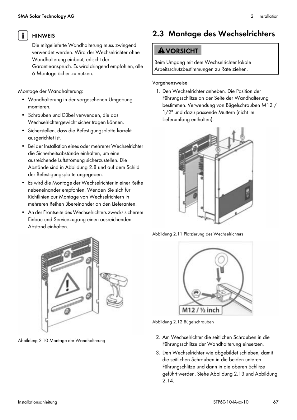 3 montage des wechselrichters, Kapitel 2.3, seite 67 | SMA STP 60-US-10 Installation User Manual | Page 67 / 232