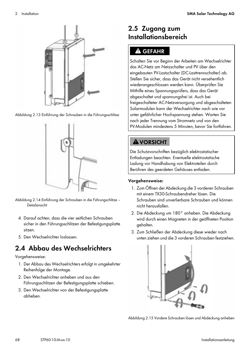 4 abbau des wechselrichters, 5 zugang zum installationsbereich, Kapitel 2.5, seite 68 | SMA STP 60-US-10 Installation User Manual | Page 68 / 232