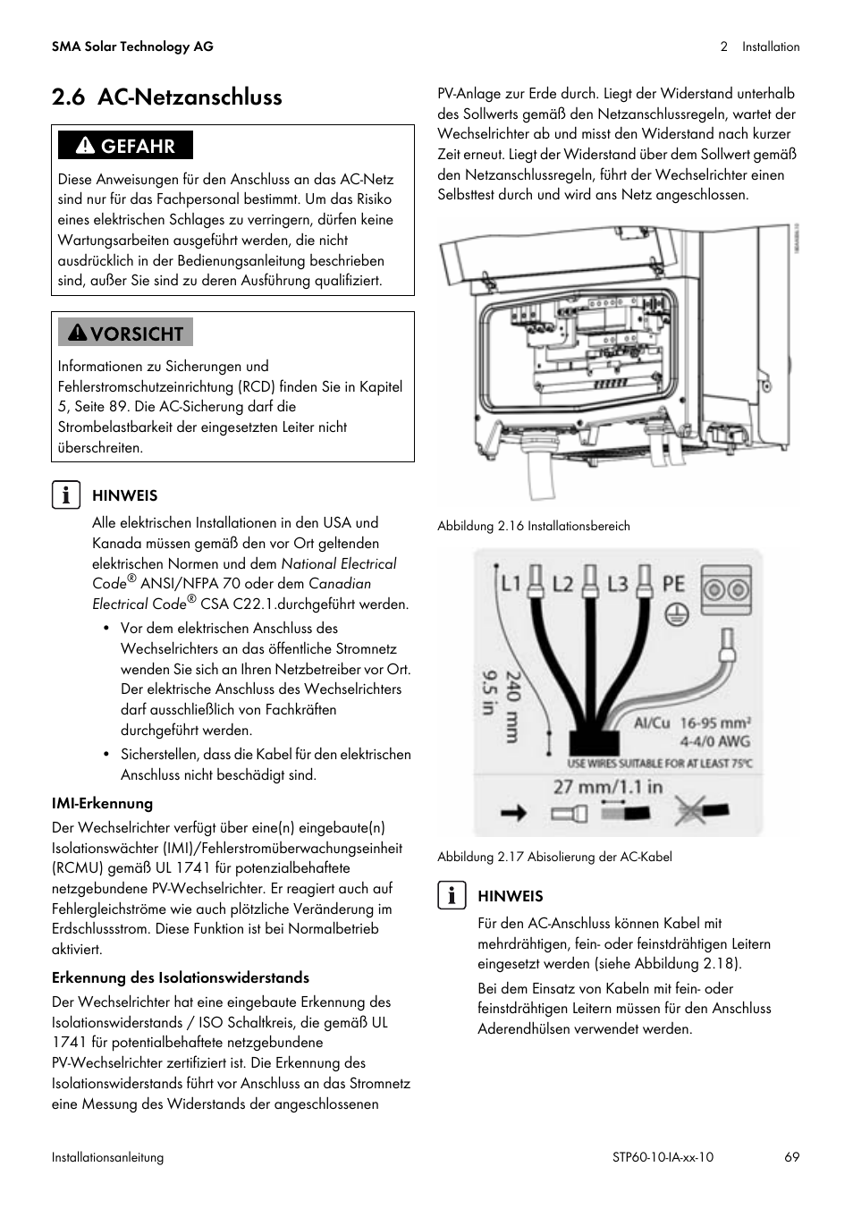 6 ac-netzanschluss, SS kapitel 2.6, seite 69 | SMA STP 60-US-10 Installation User Manual | Page 69 / 232