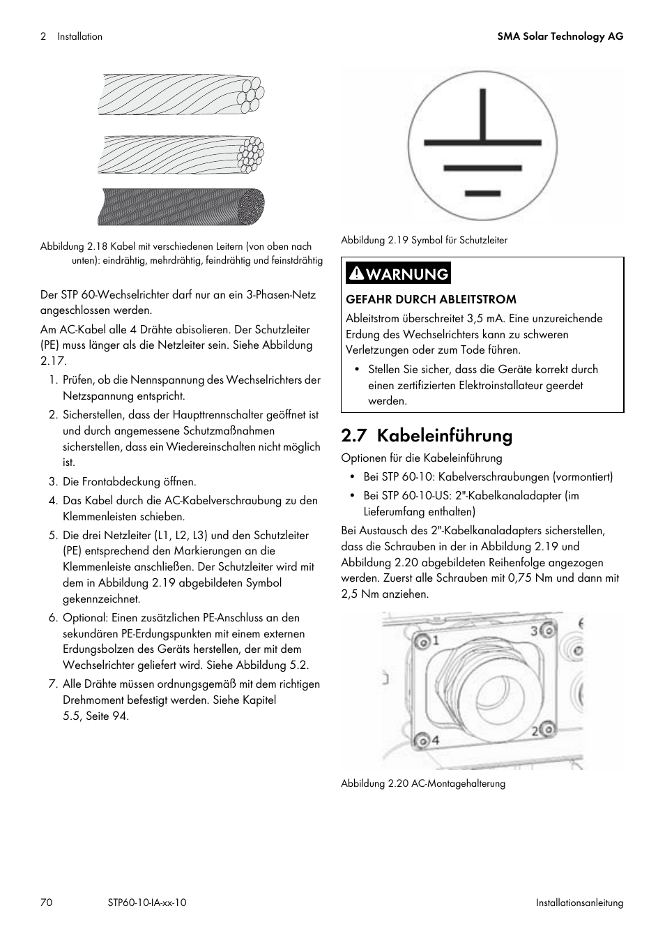 7 kabeleinführung, Kapitel 2.7, seite 70 | SMA STP 60-US-10 Installation User Manual | Page 70 / 232
