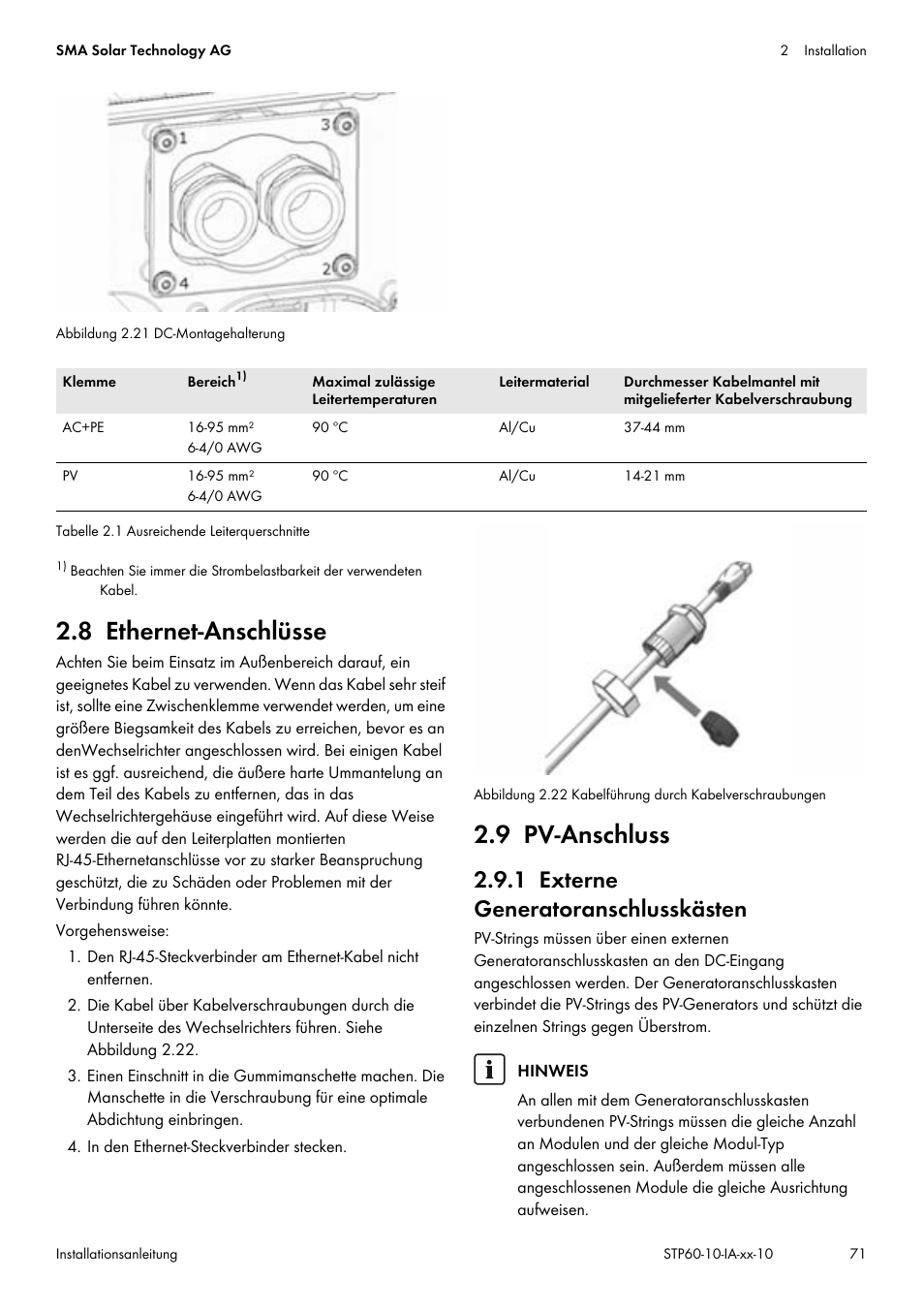8 ethernet-anschlüsse, 9 pv-anschluss, 1 externe generatoranschlusskästen | 8 ethernet-anschlüsse 2.9 pv-anschluss, Kapitel 2.9, seite 71 | SMA STP 60-US-10 Installation User Manual | Page 71 / 232