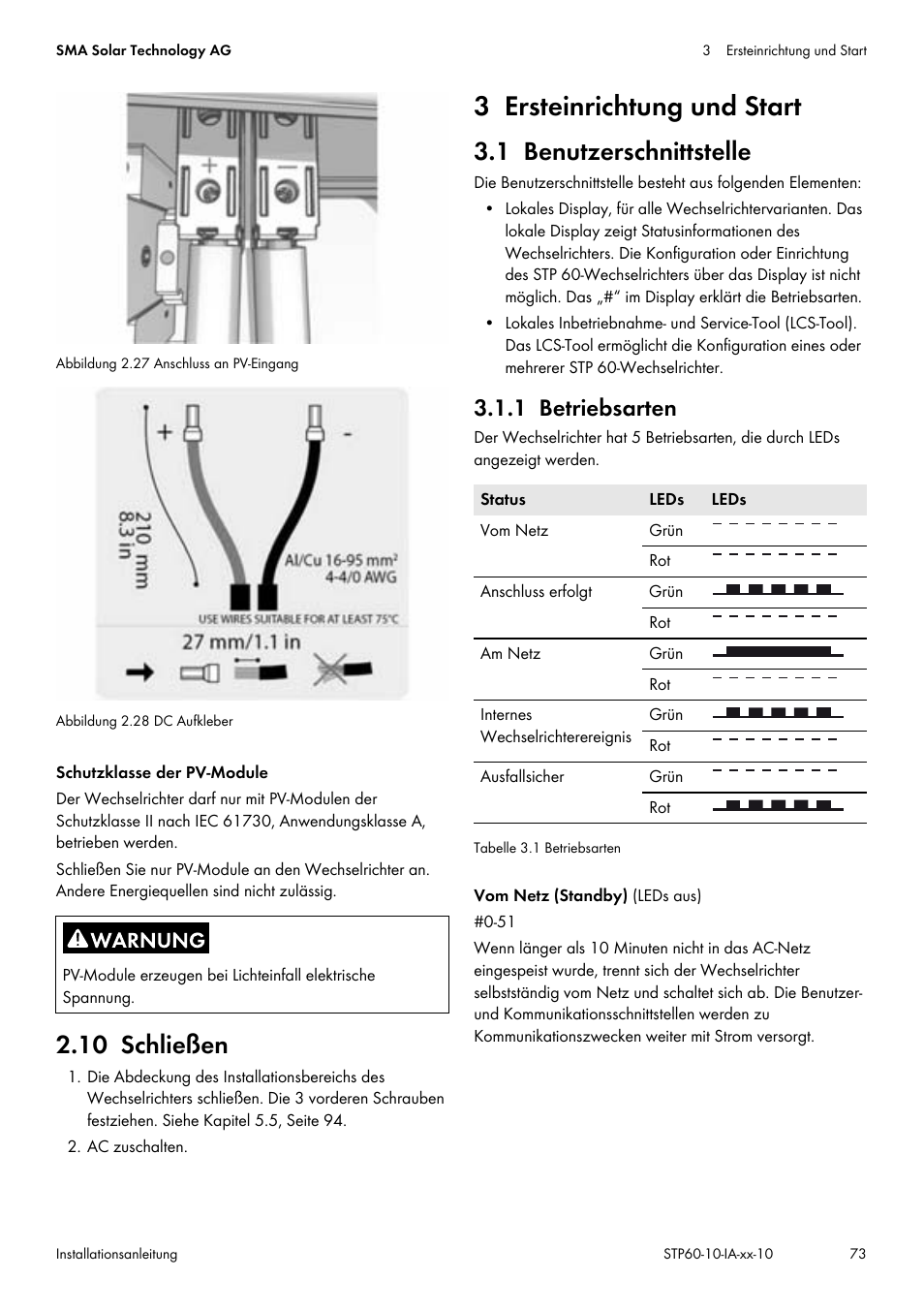 10 schließen, 3 ersteinrichtung und start, 1 benutzerschnittstelle | 1 betriebsarten | SMA STP 60-US-10 Installation User Manual | Page 73 / 232