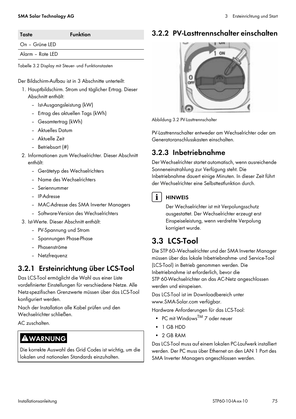 1 ersteinrichtung über lcs-tool, 2 pv-lasttrennschalter einschalten, 3 inbetriebnahme | 3 lcs-tool, Kapitel 3.2.2, seite 75, E kapitel 3.3, seite 75 | SMA STP 60-US-10 Installation User Manual | Page 75 / 232