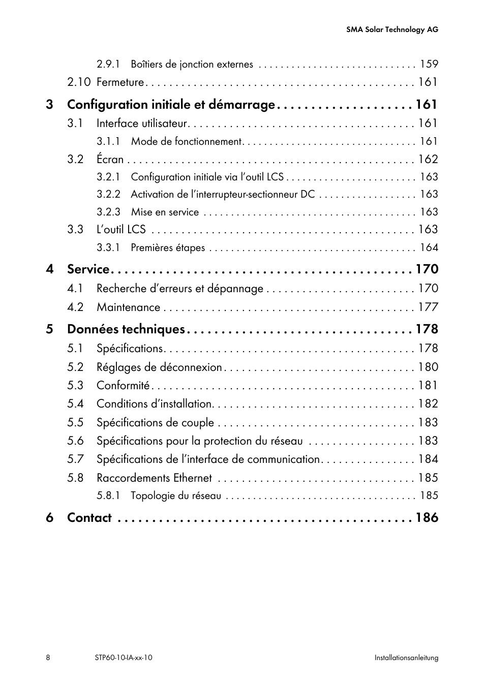 3 configuration initiale et démarrage, 4 service, 5 données techniques | 6 contact | SMA STP 60-US-10 Installation User Manual | Page 8 / 232