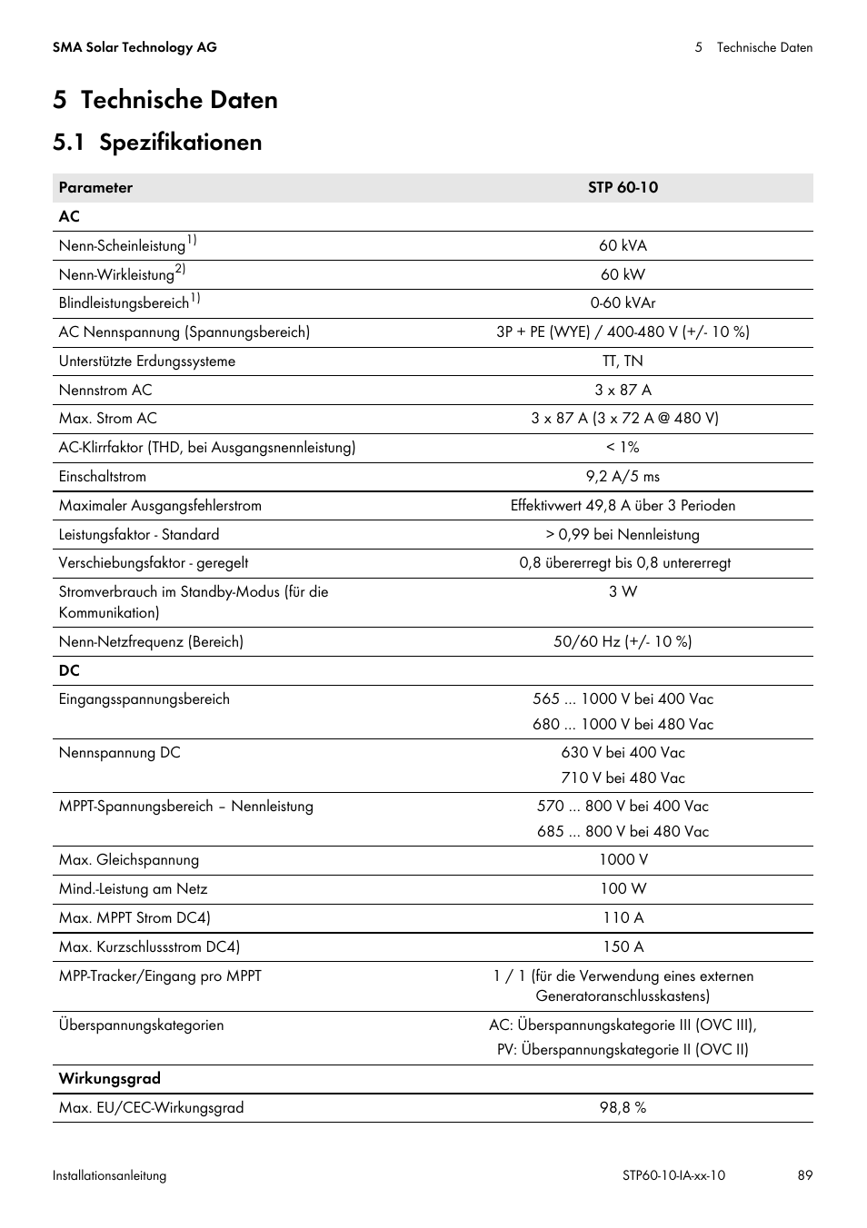 5 technische daten, 1 spezifikationen | SMA STP 60-US-10 Installation User Manual | Page 89 / 232