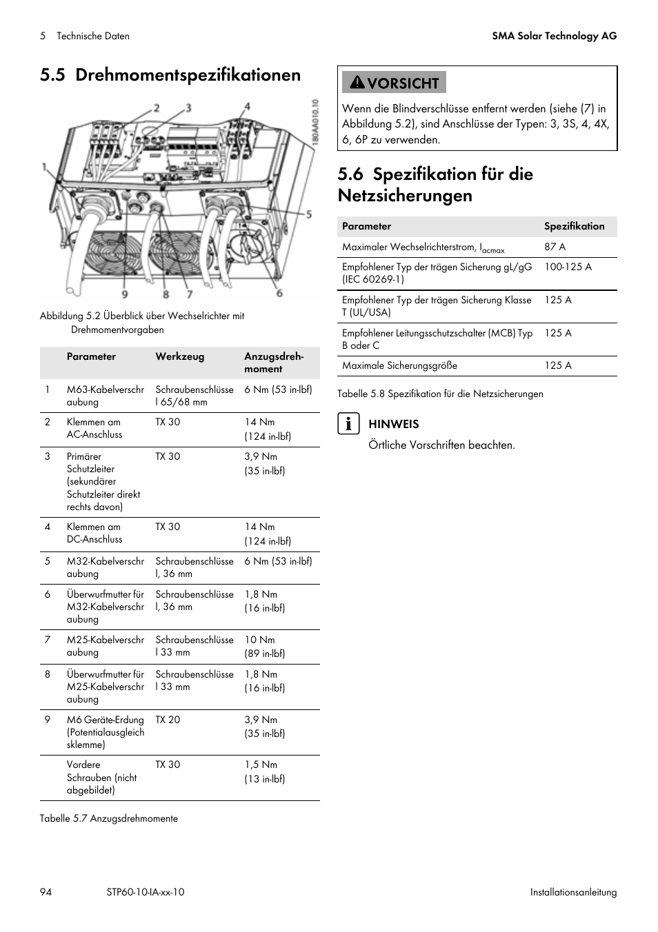 5 drehmomentspezifikationen, 6 spezifikation für die netzsicherungen, He kapitel 5.5, seite 94 | SMA STP 60-US-10 Installation User Manual | Page 94 / 232