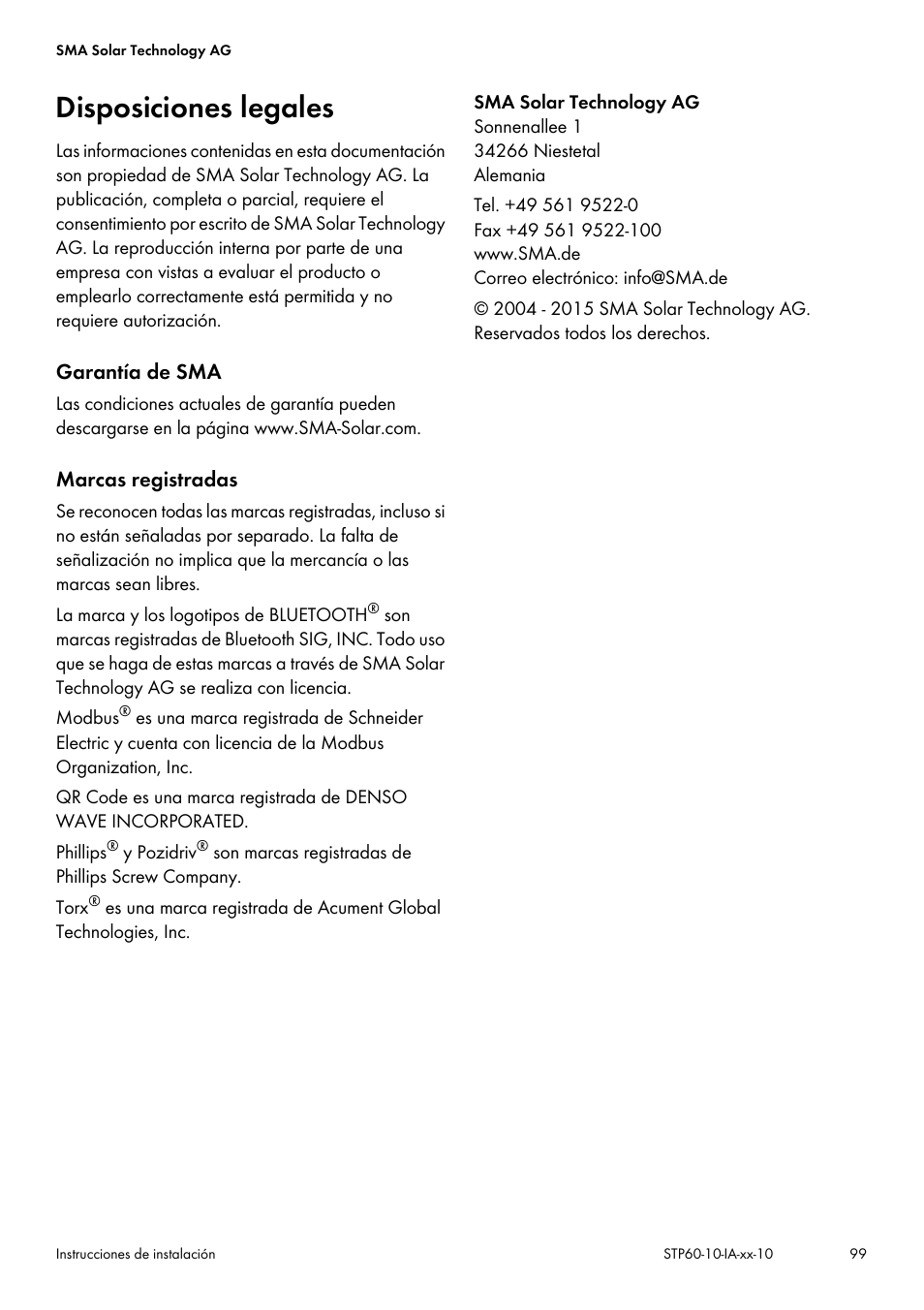 Disposiciones legales | SMA STP 60-US-10 Installation User Manual | Page 99 / 232