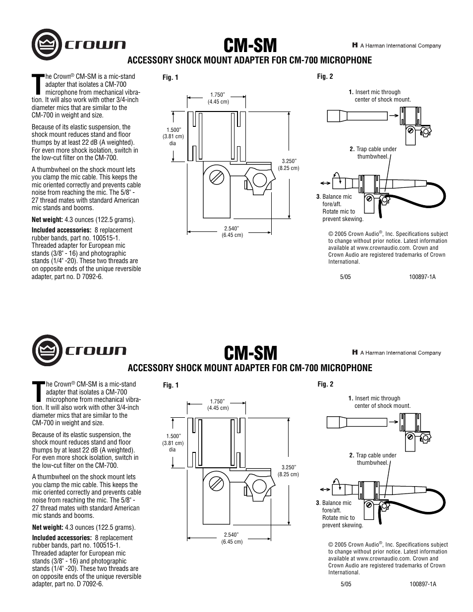 Crown Audio CM-700 User Manual | 1 page