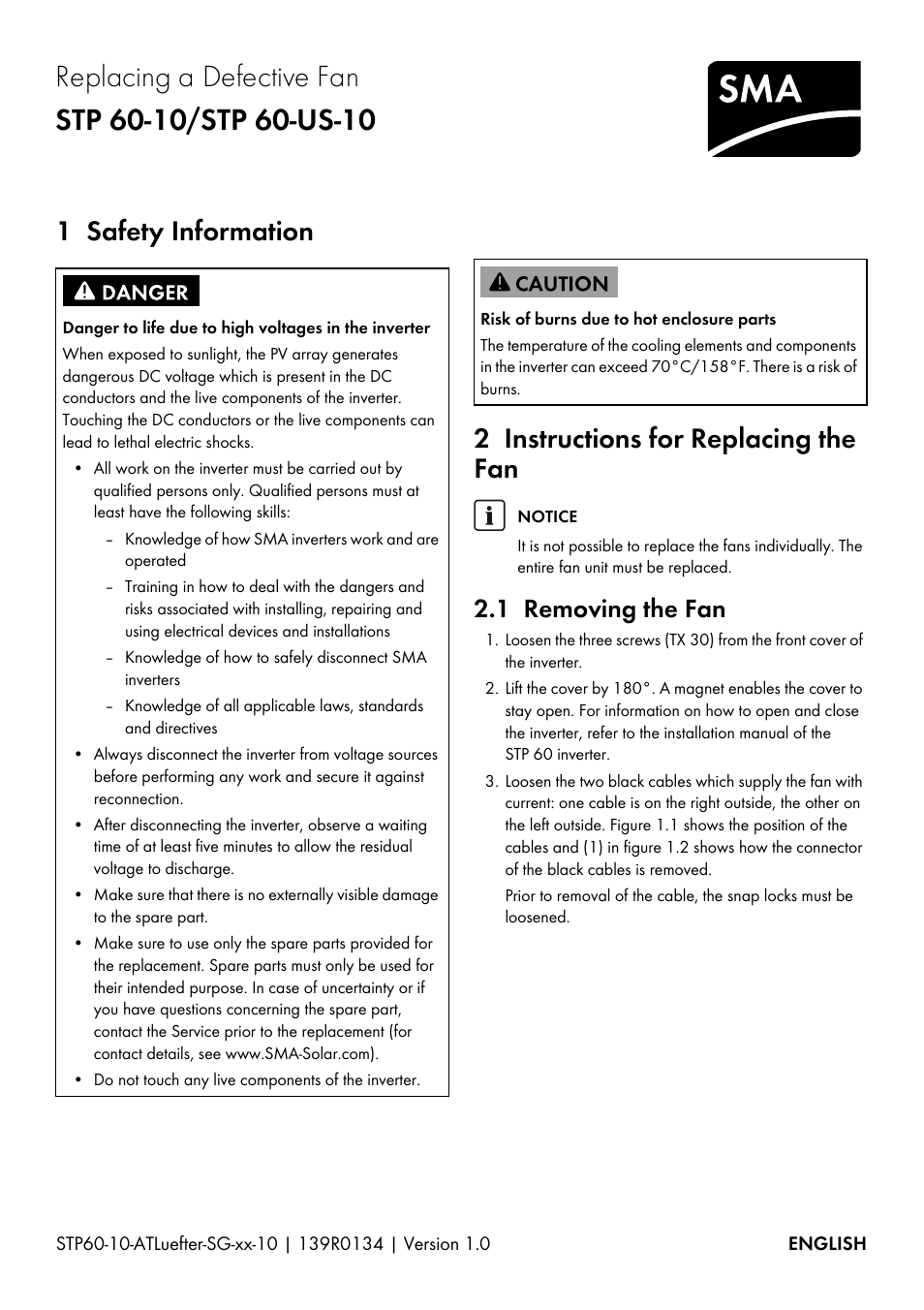 SMA STP 60-US-10 Replacing a Defective Fan User Manual | 12 pages