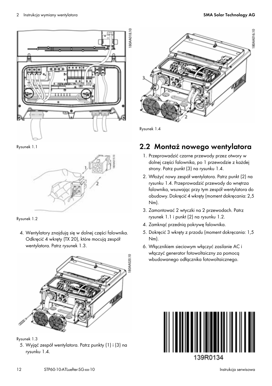 2 montaż nowego wentylatora | SMA STP 60-US-10 Replacing a Defective Fan User Manual | Page 12 / 12