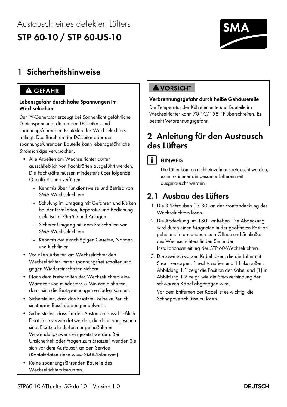 1 sicherheitshinweise, 2 anleitung für den austausch des lüfters, 1 ausbau des lüfters | SMA STP 60-US-10 Replacing a Defective Fan User Manual | Page 3 / 12