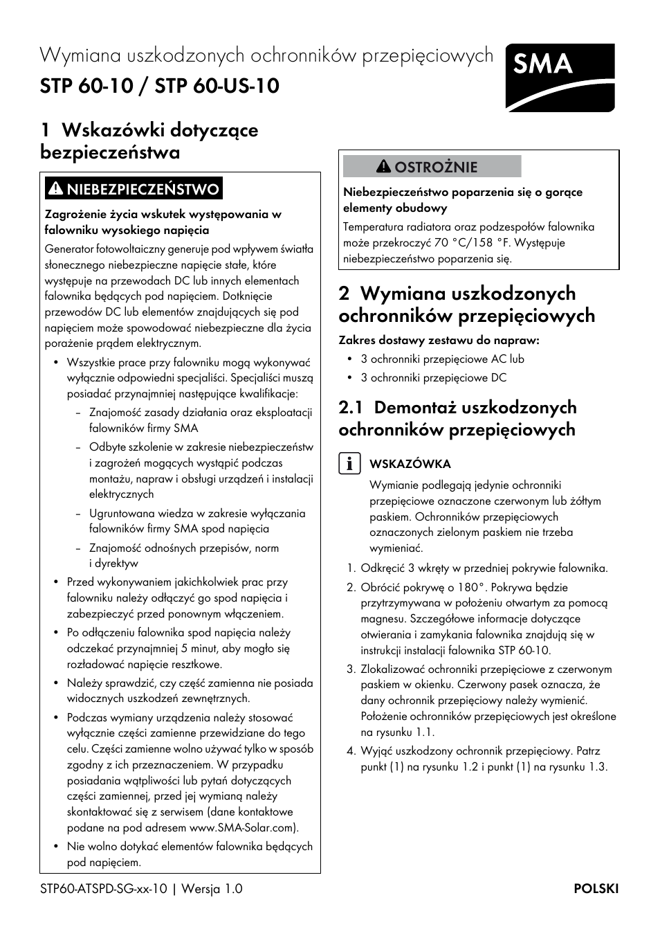 1 wskazówki dotyczące bezpieczeństwa, 2 wymiana uszkodzonych ochronników przepięciowych, 1 demontaż uszkodzonych ochronników przepięciowych | SMA STP 60-US-10 Replacing Defective Surge Arresters User Manual | Page 11 / 12