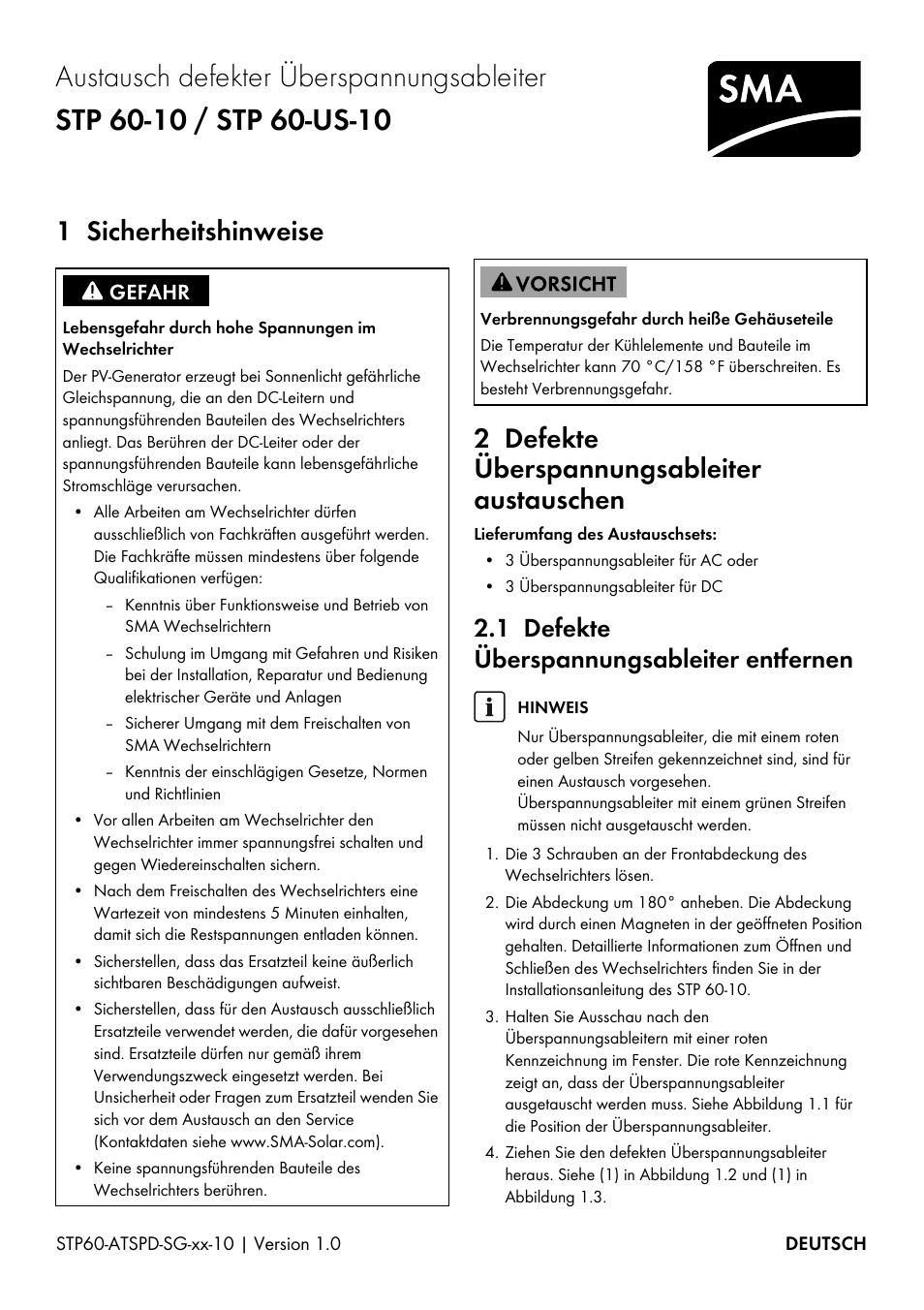 1 sicherheitshinweise, 2 defekte überspannungsableiter austauschen, 1 defekte überspannungsableiter entfernen | SMA STP 60-US-10 Replacing Defective Surge Arresters User Manual | Page 3 / 12