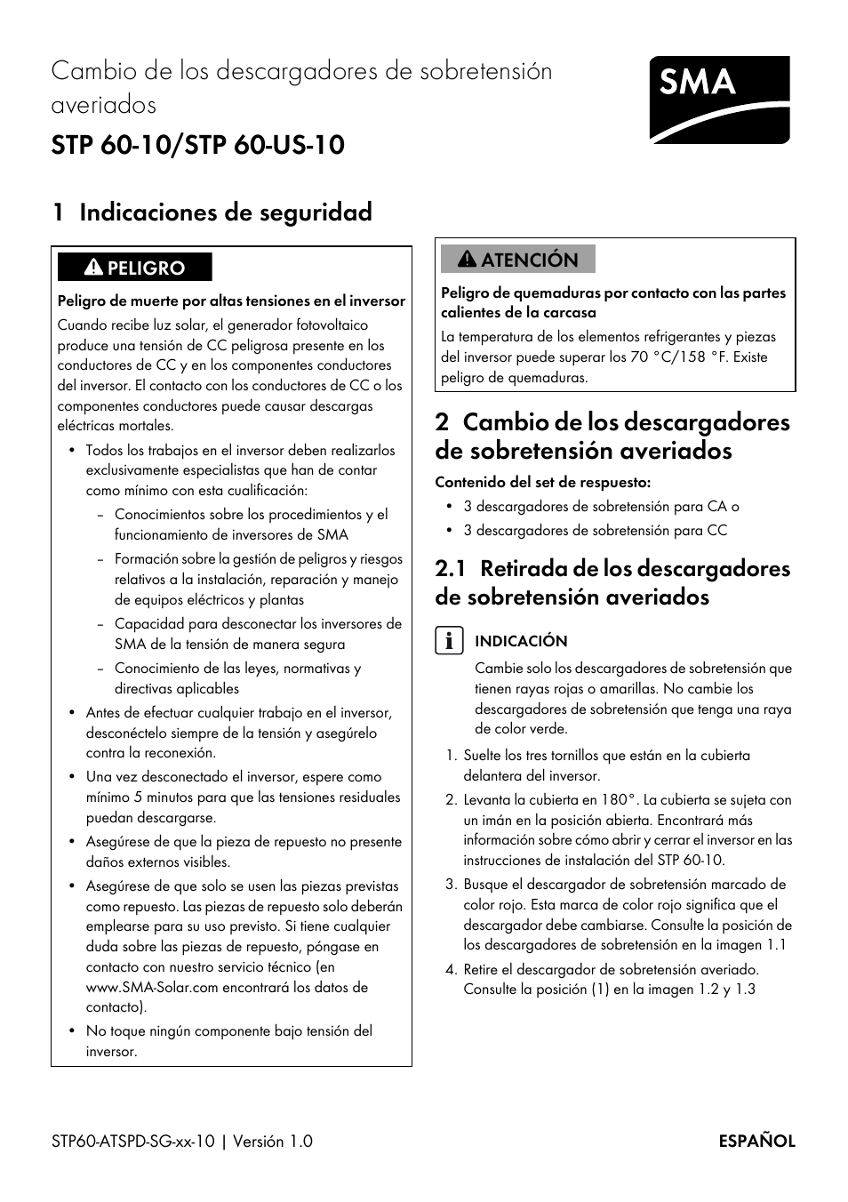 1 indicaciones de seguridad | SMA STP 60-US-10 Replacing Defective Surge Arresters User Manual | Page 5 / 12