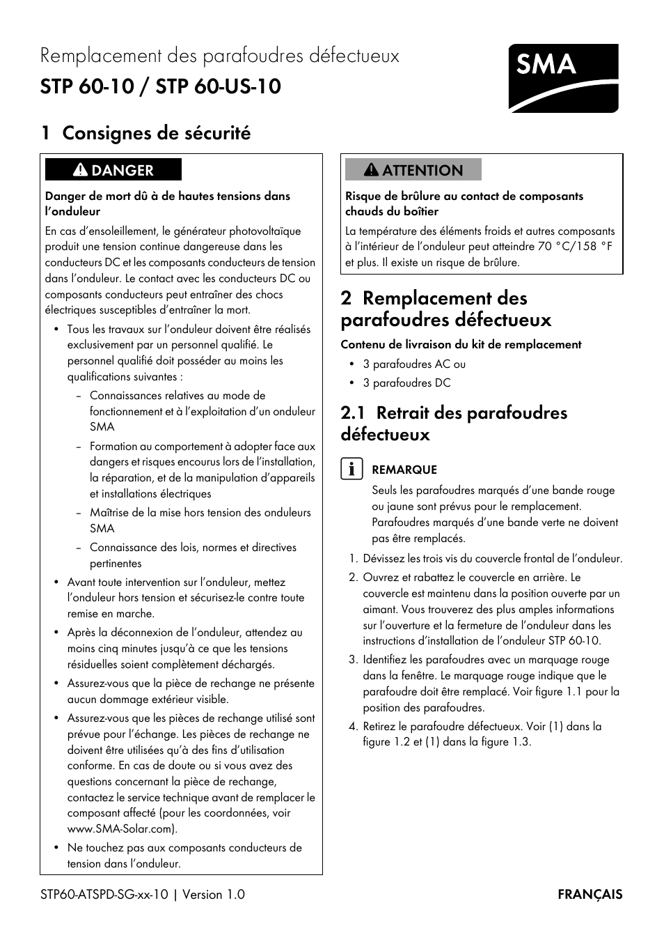 1 consignes de sécurité, 2 remplacement des parafoudres défectueux, 1 retrait des parafoudres défectueux | SMA STP 60-US-10 Replacing Defective Surge Arresters User Manual | Page 7 / 12