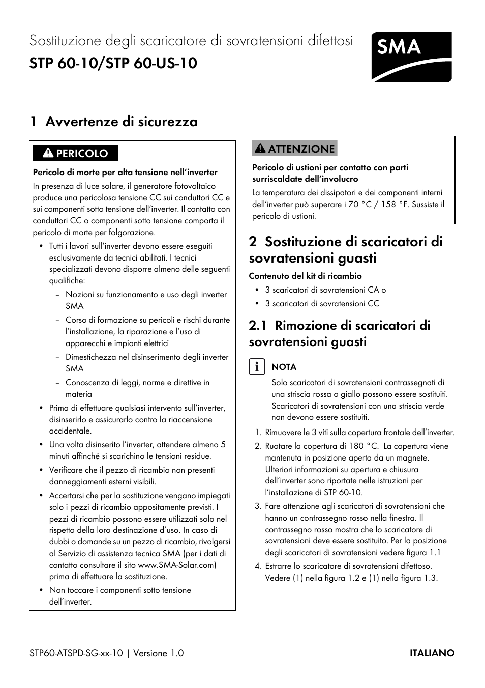 1 avvertenze di sicurezza, 1 rimozione di scaricatori di sovratensioni guasti | SMA STP 60-US-10 Replacing Defective Surge Arresters User Manual | Page 9 / 12