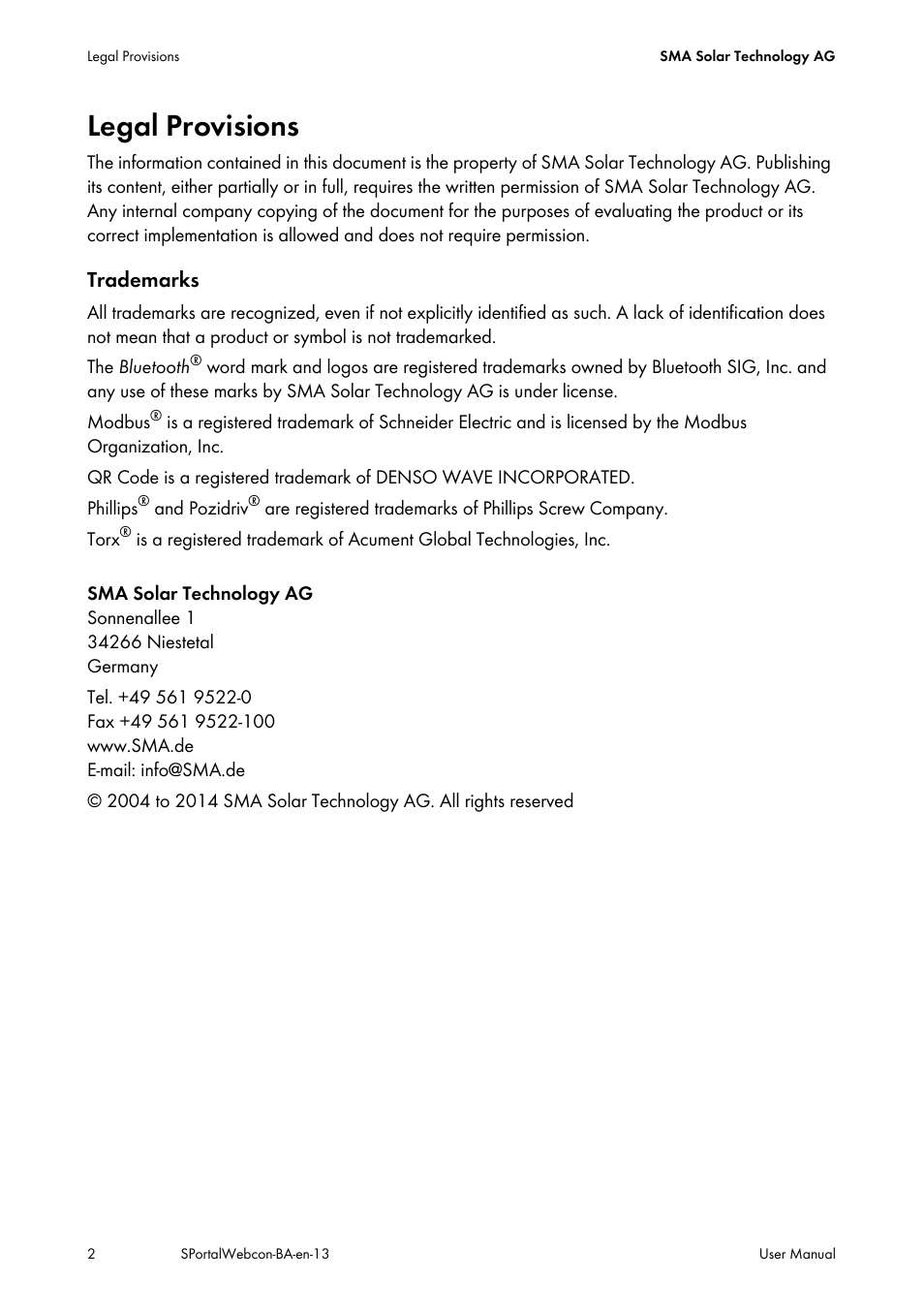 Legal provisions | SMA Webconnect Systems in SUNNY PORTAL User Manual | Page 2 / 69